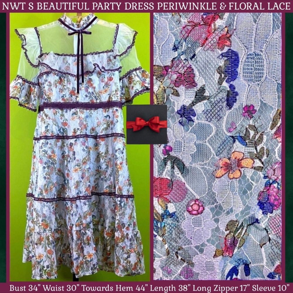 UNIQUE NWT S LACE DRESS PERIWINKLE & FLORAL FORMAL DOLLETTE COSPLAY BEAUTIFUL